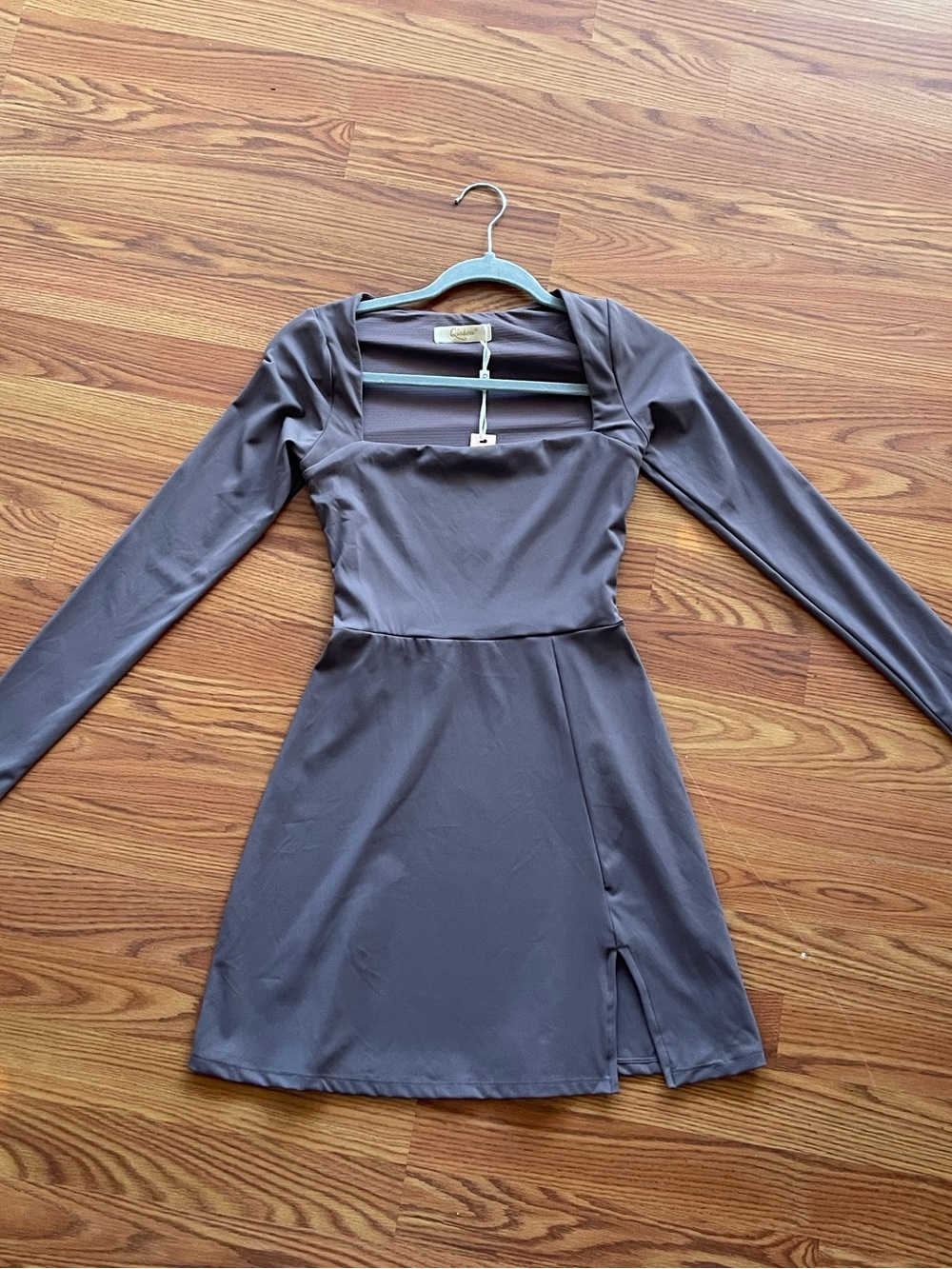 Long-Sleeve Square Neck Mini Dress in Taupe